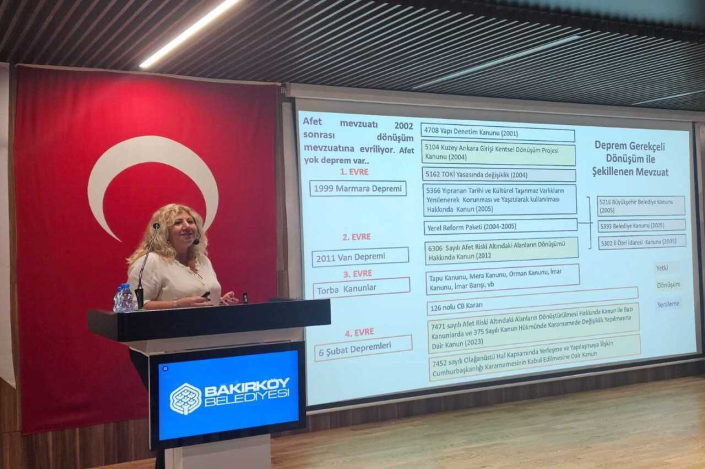 Bakırköy Belediyesi yazılı ekranın bulunuğu kürsüde, büyük bir Türk bayrağı önünde sunum yapan bir kadın konuşmacı. Arkasındaki büyük projeksiyon perdesinde "Deprem Gerekçeli Dönüşüm ile Şekillenen Mevzuat" başlıklı ve 4 evreye ayrılmış kronolojik bir afet mevzuatı tablosu yer alıyor.